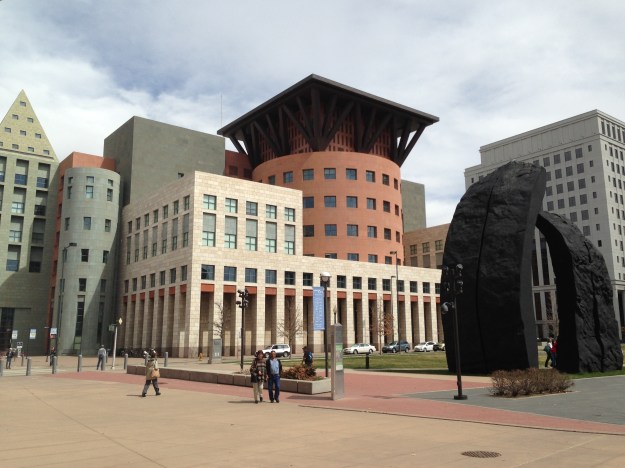 Indira Ganesan, Anonymous Couple(to me) in front of Denver Public Library, 2013